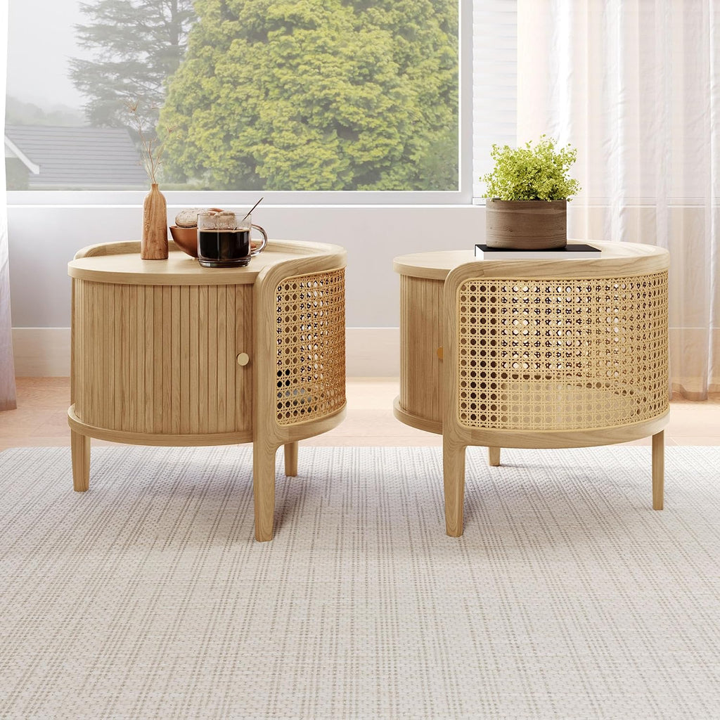 Wood Rattan Roller Door Nightstand Set of 2