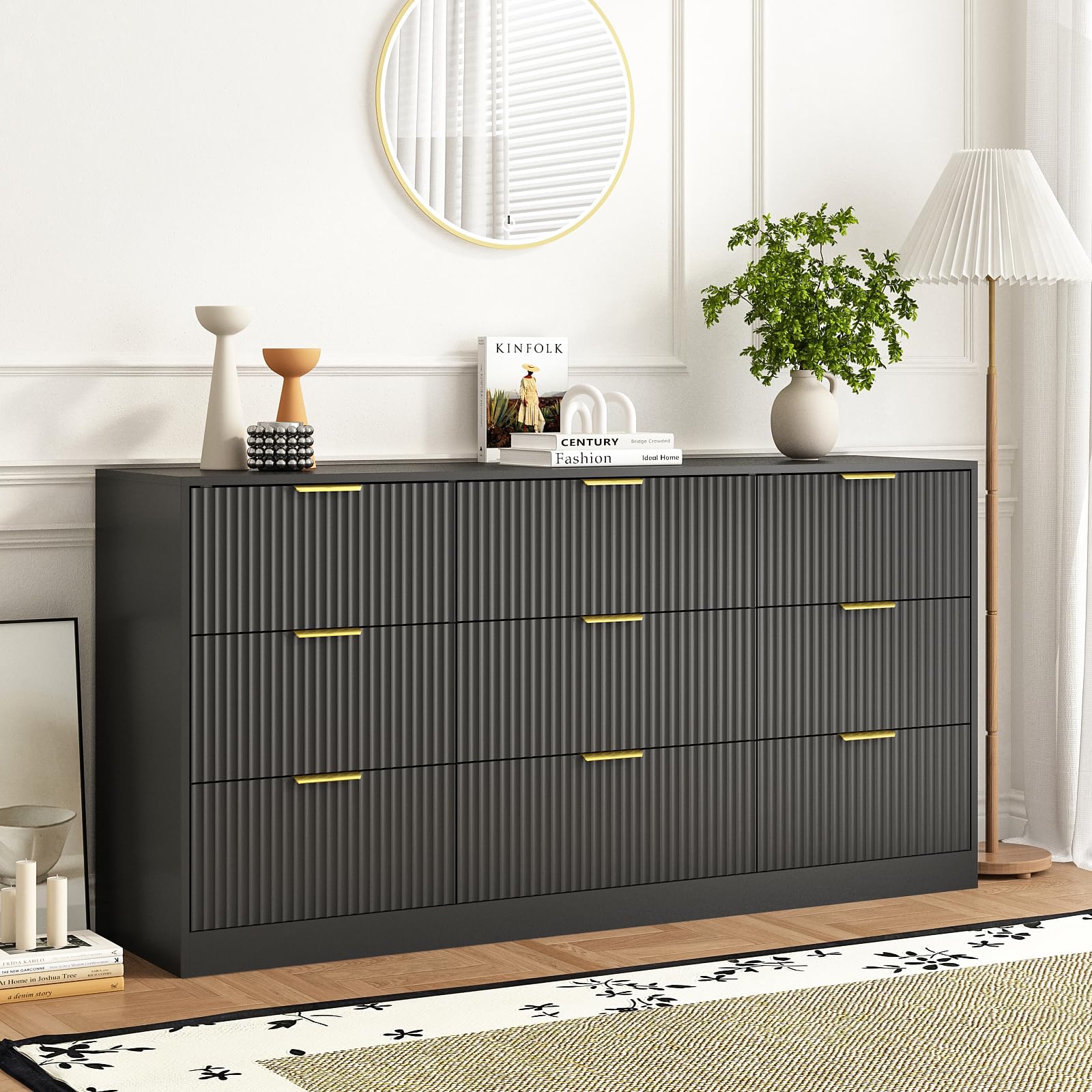 Walnut Fluted 9-Drawer Mid Century Dresser