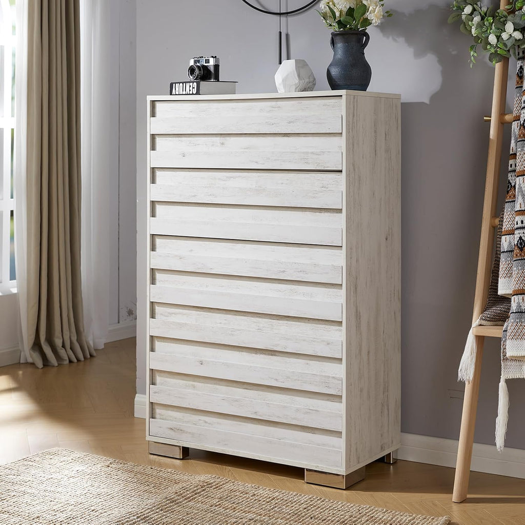 Distressed White 5-Drawer Farmhouse Wood Dresser