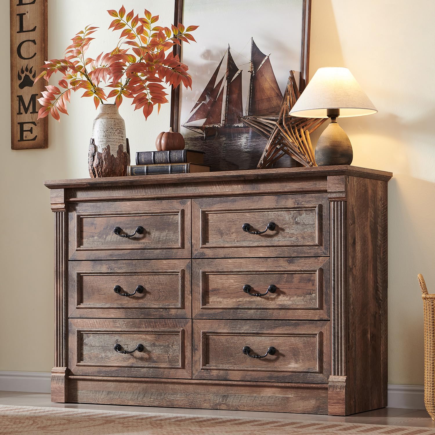 Brown Column Farmhouse 6-Drawer Wood Dresser