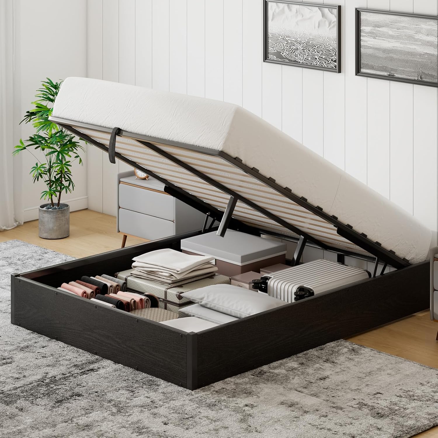 Black Queen Metal Lift Storage Bed Frame