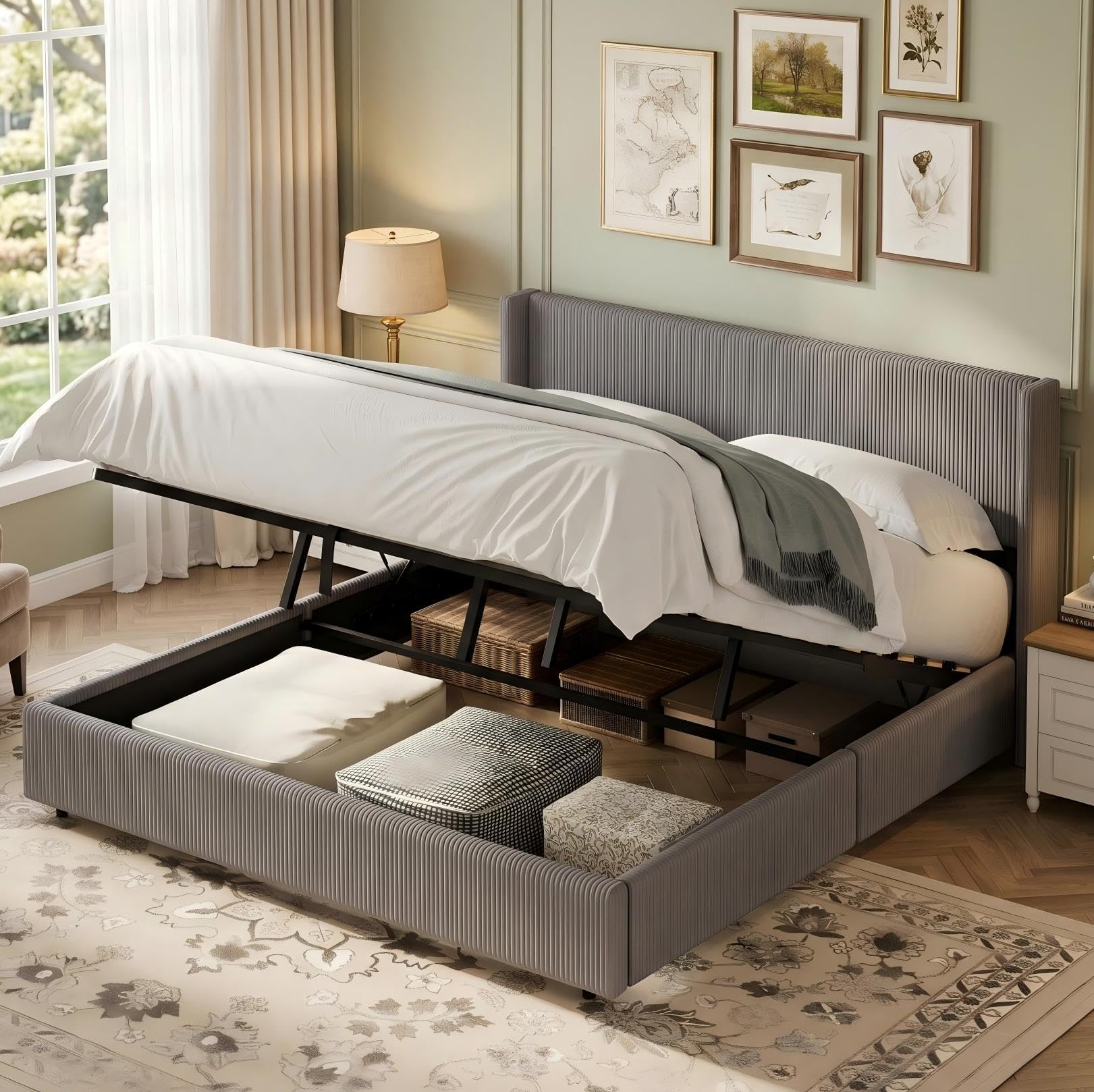 Black Corduroy Gas Lift Storage Bed Frame