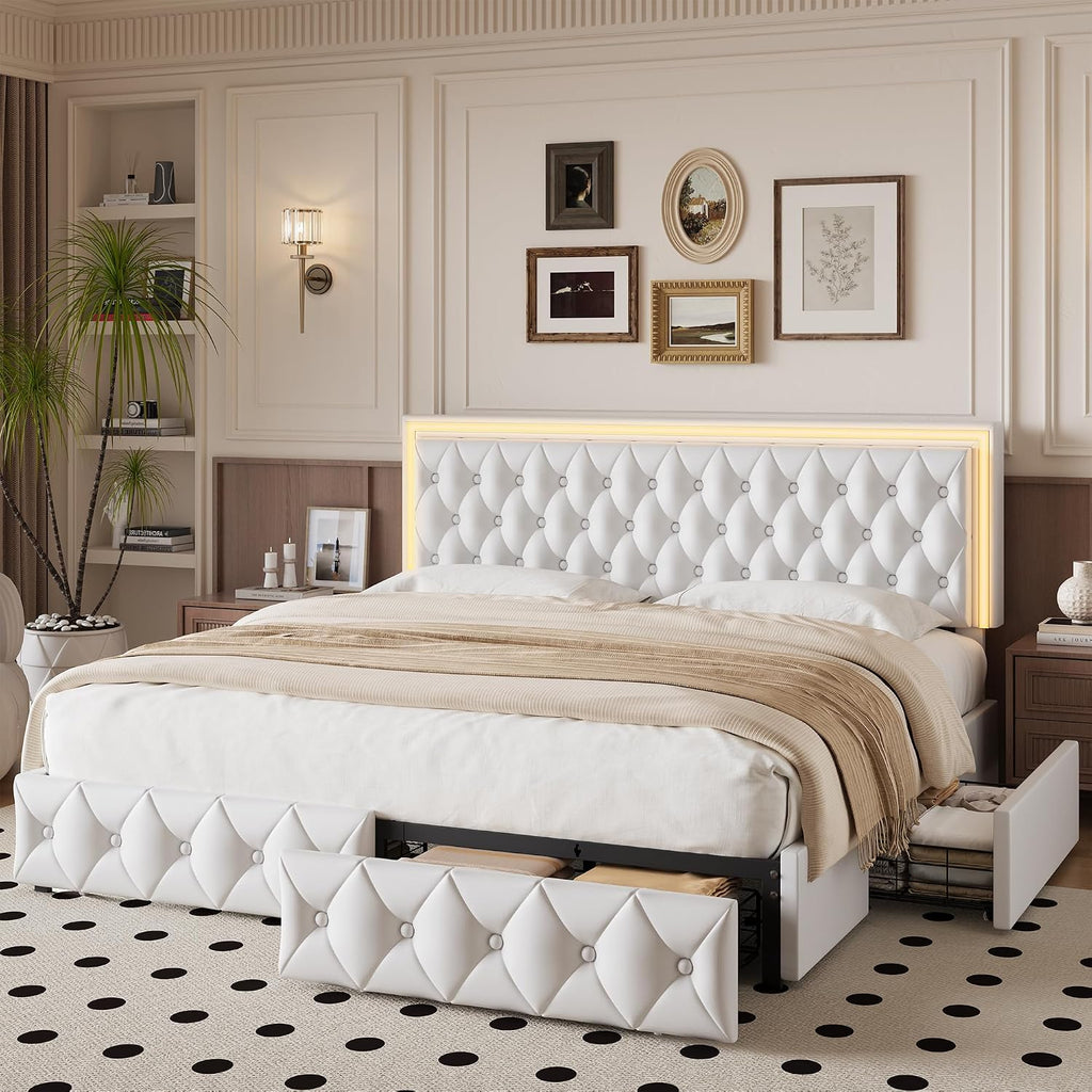 White LED Tufted Storage Drawer Bed Frame