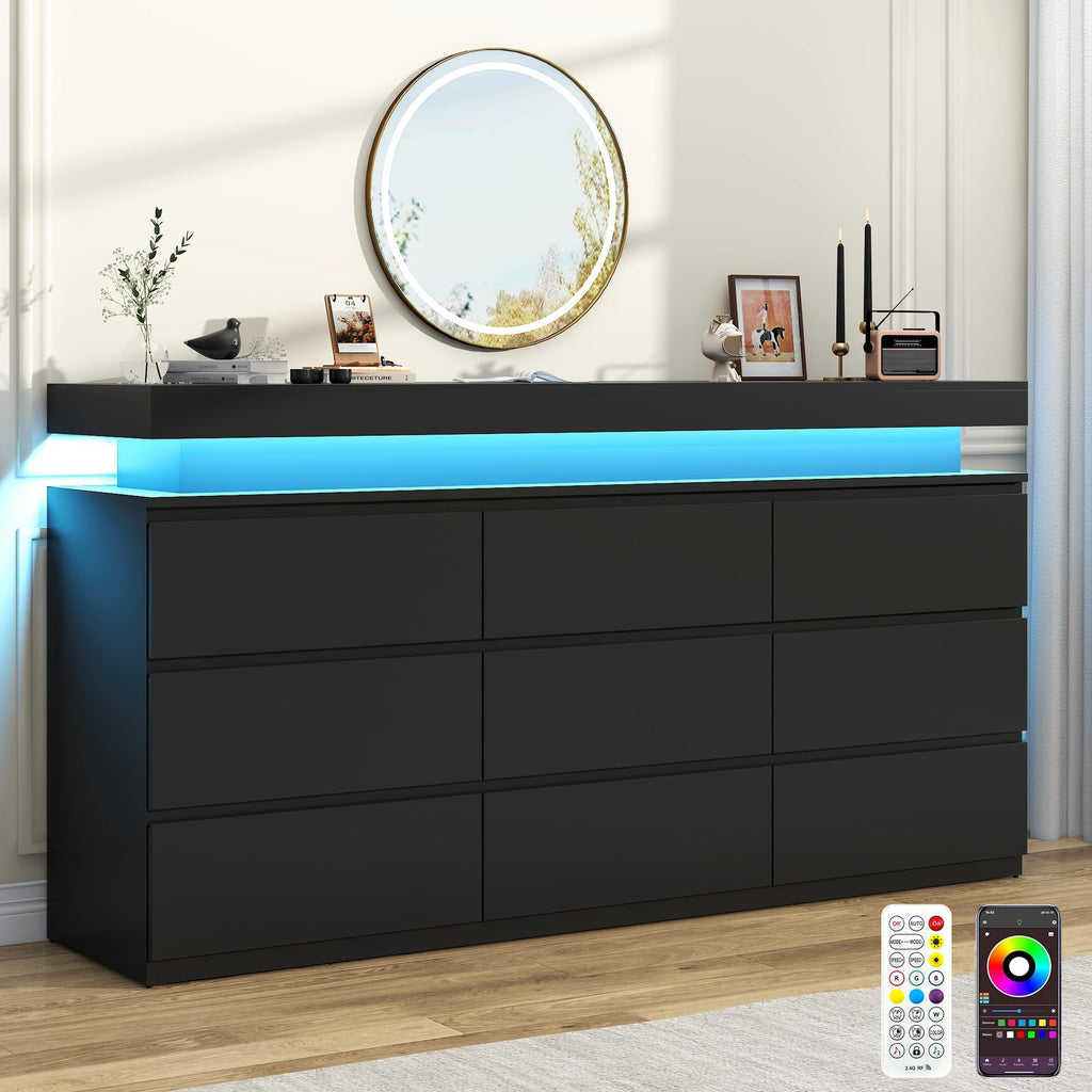 Black LED Charging 12-Drawer Wide Dresser