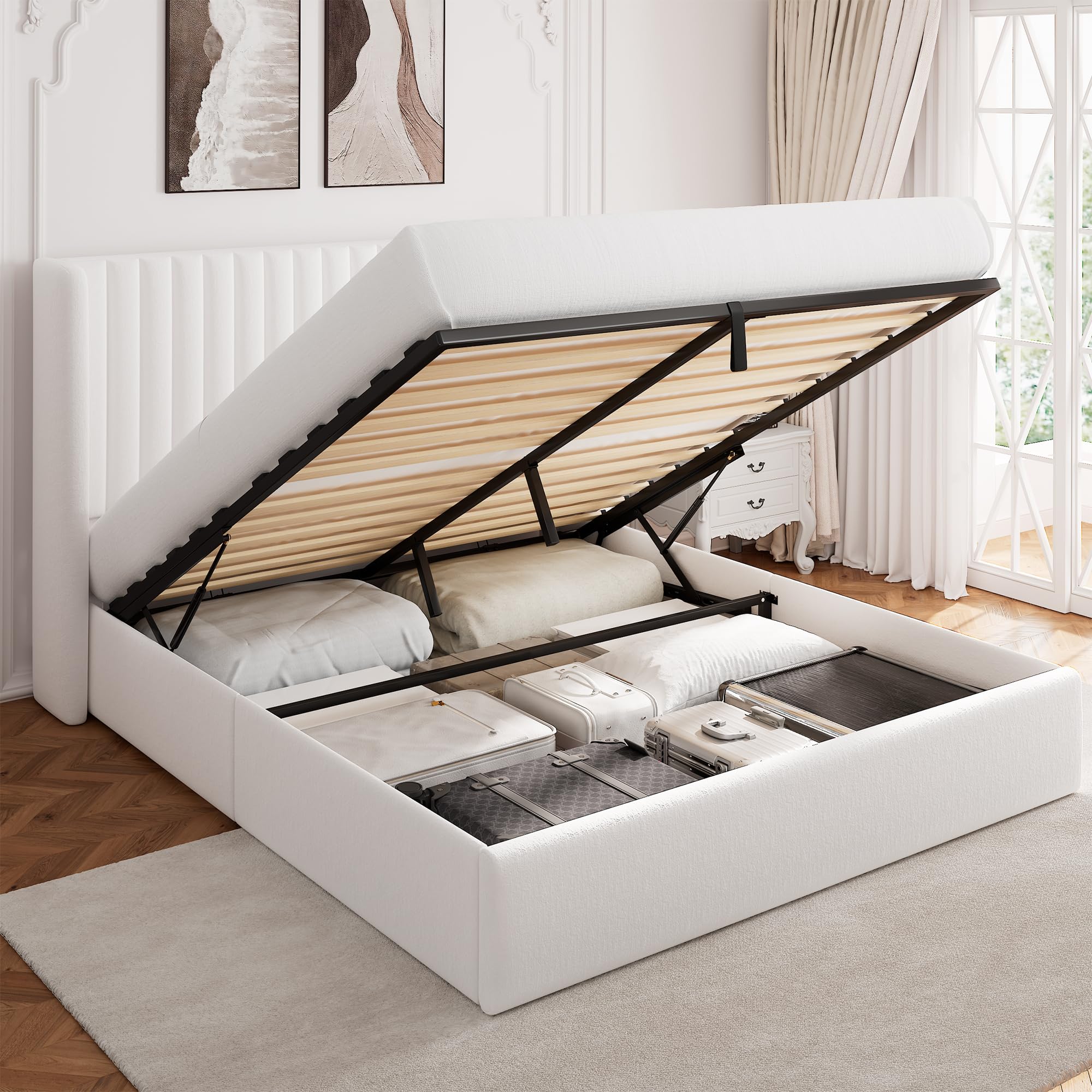 White Velvet Wingback Hydraulic Storage Bed