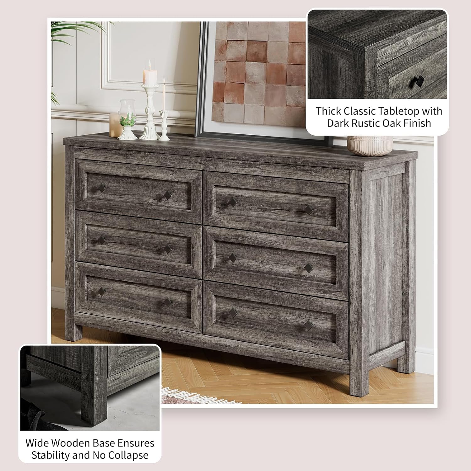 Grey Farmhouse 6-Drawer Wood Storage Dresser