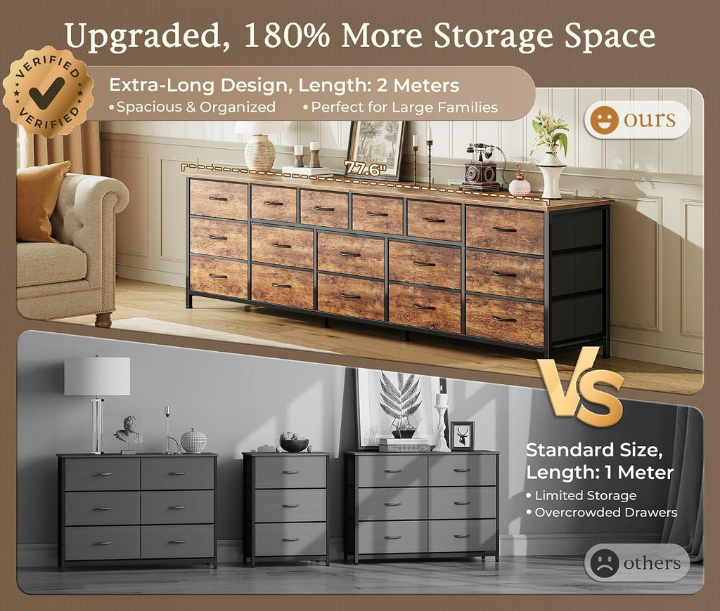 Rustic Brown 16-Drawer Wide Fabric Dresser