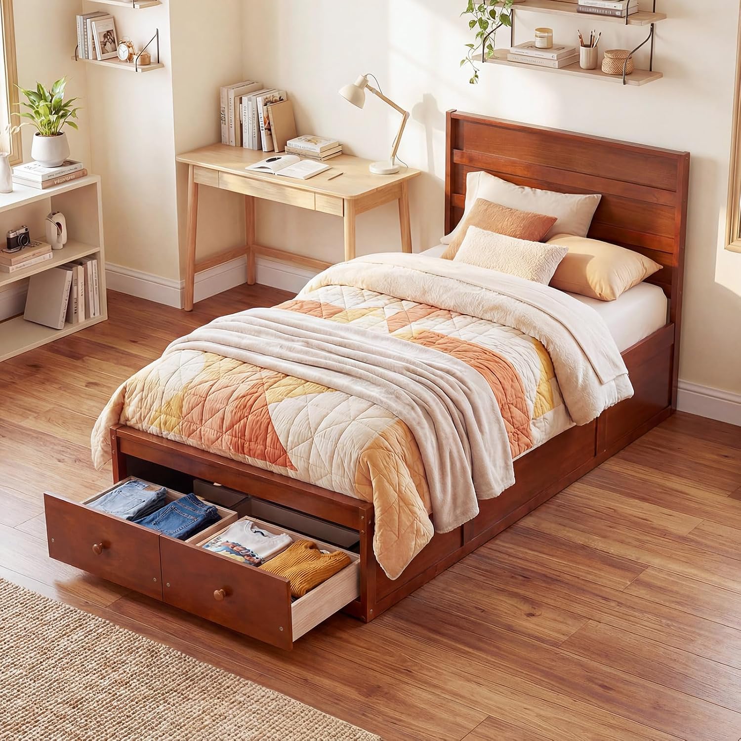 Walnut Twin Wood Drawer Storage Bed Frame