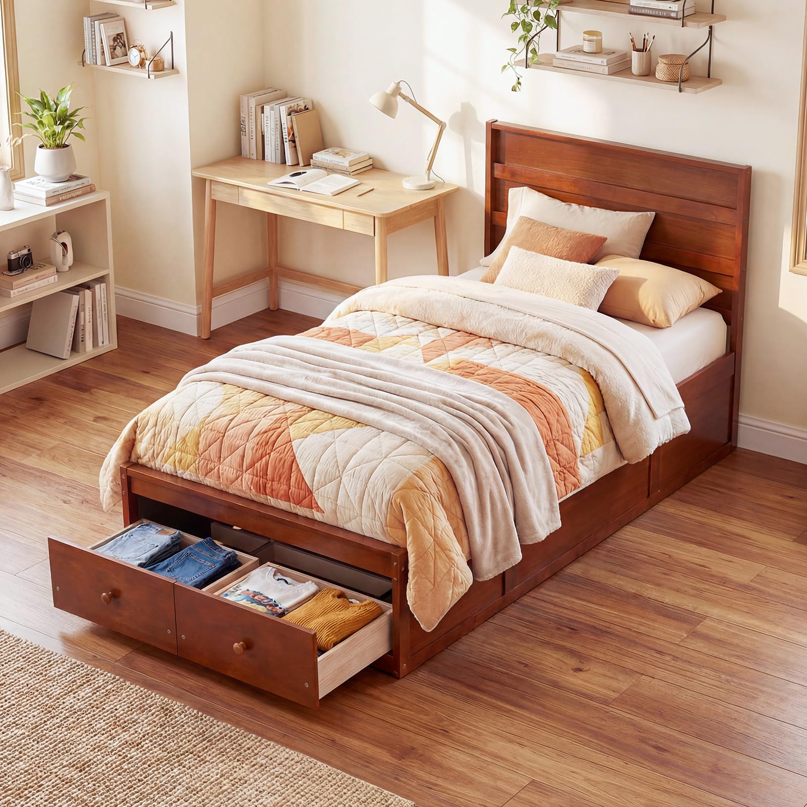 Walnut Twin Wood Drawer Storage Bed Frame