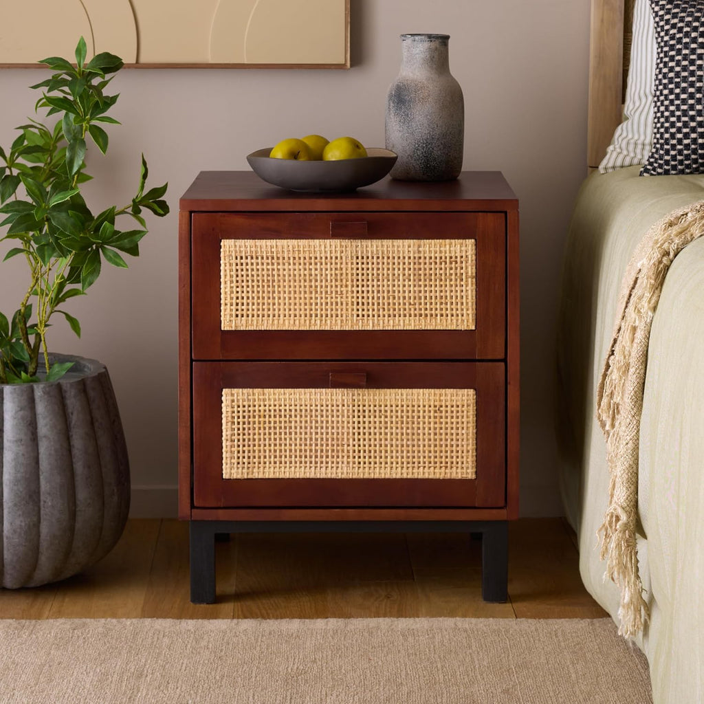 Natural Wood Rattan 2-Drawer Nightstand