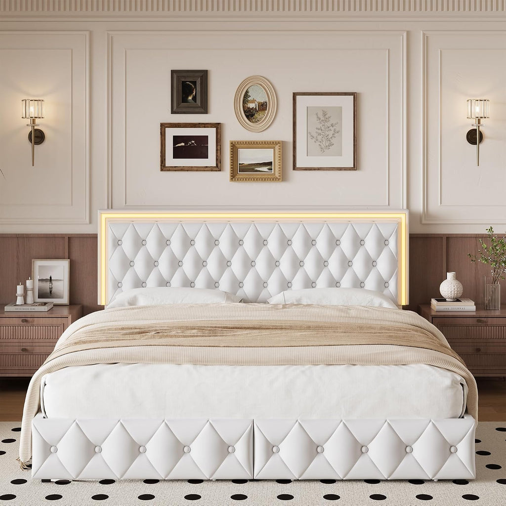 White LED Tufted Storage Drawer Bed Frame