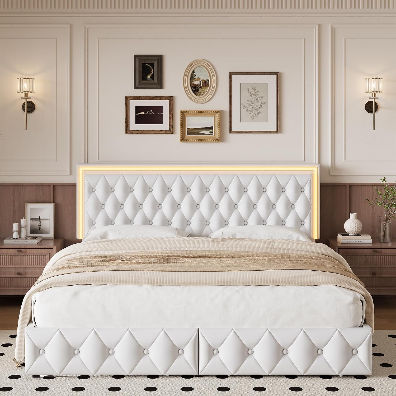 White LED Tufted Storage Drawer Bed Frame