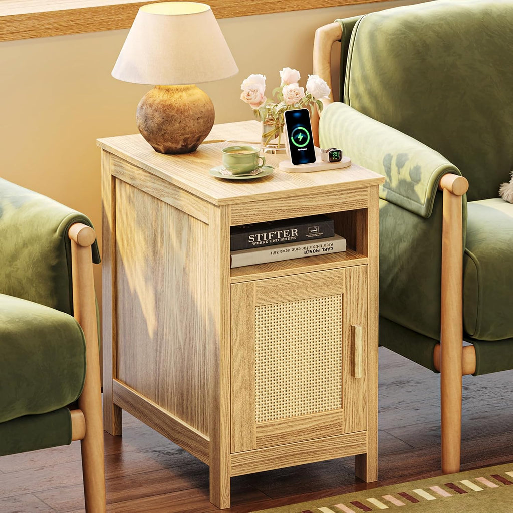 Natural Wood Rattan Charging Narrow Nightstand