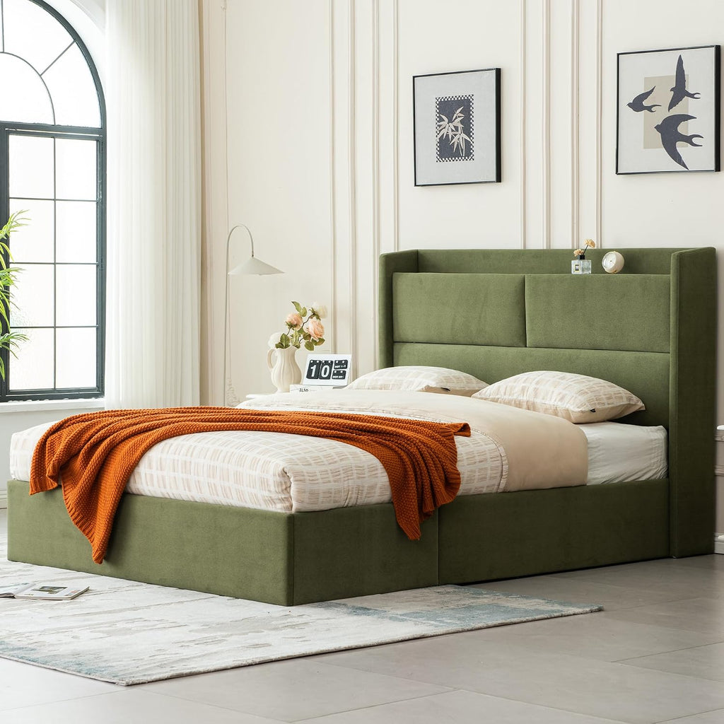 Green Wingback Hydraulic Full Storage Bed