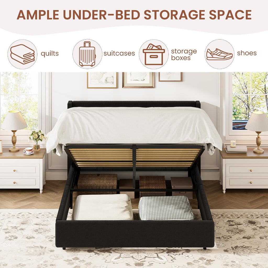 Black Corduroy Gas Lift Storage Bed Frame