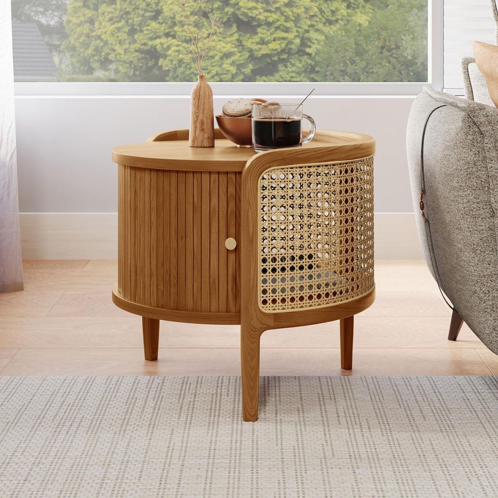 Wood Rattan Roller Door Nightstand Set of 2