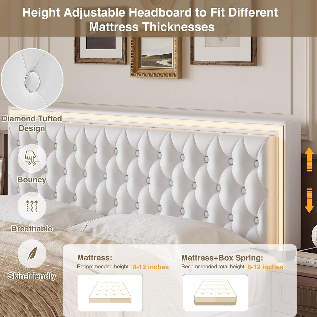 White LED Tufted Storage Drawer Bed Frame