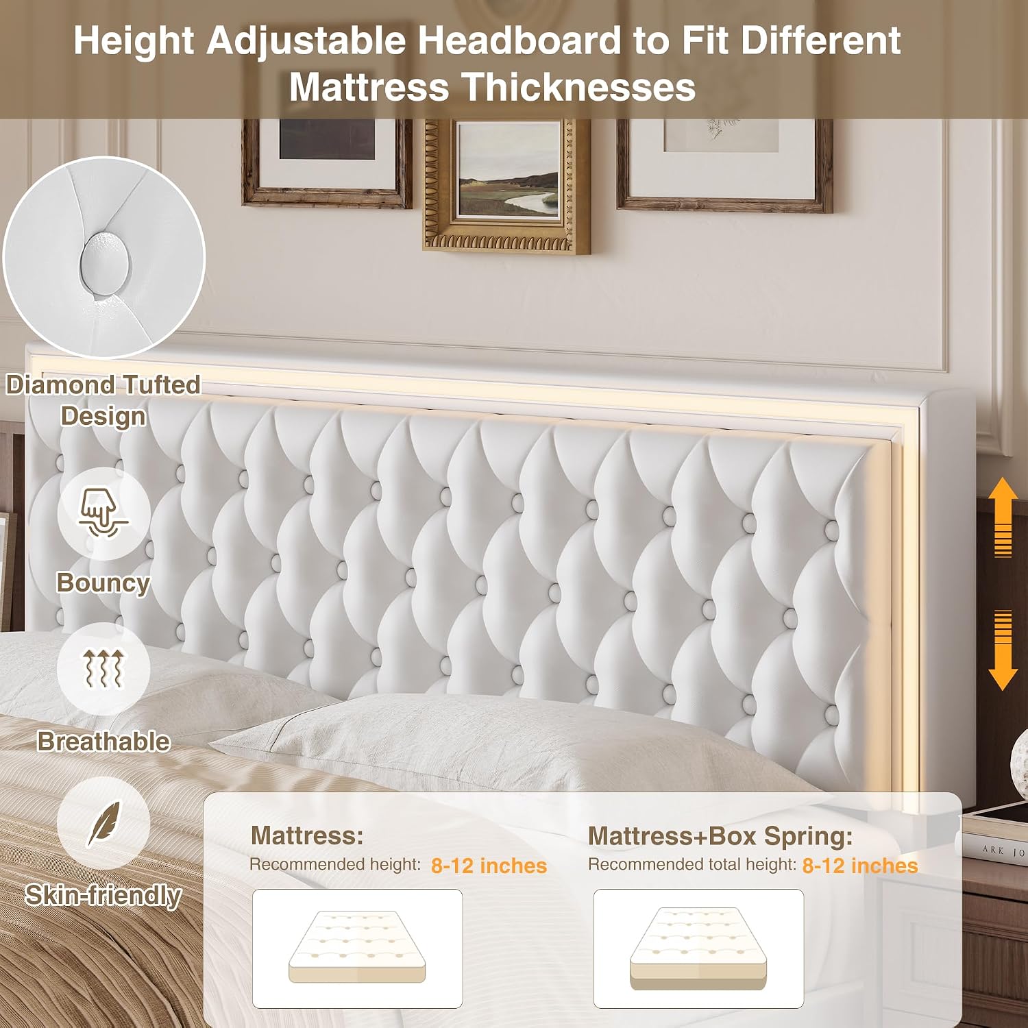 White LED Tufted Storage Drawer Bed Frame