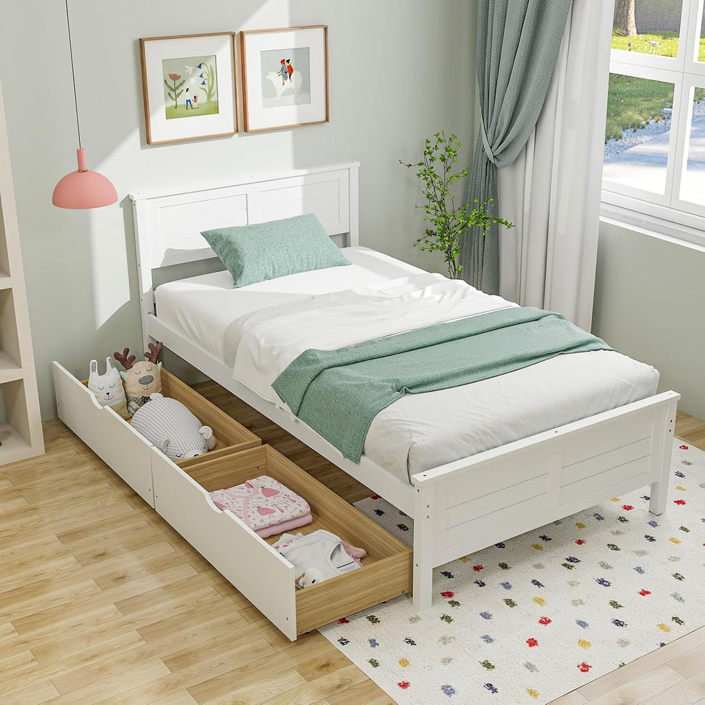 White Twin Wood Storage Drawer Bed Frame