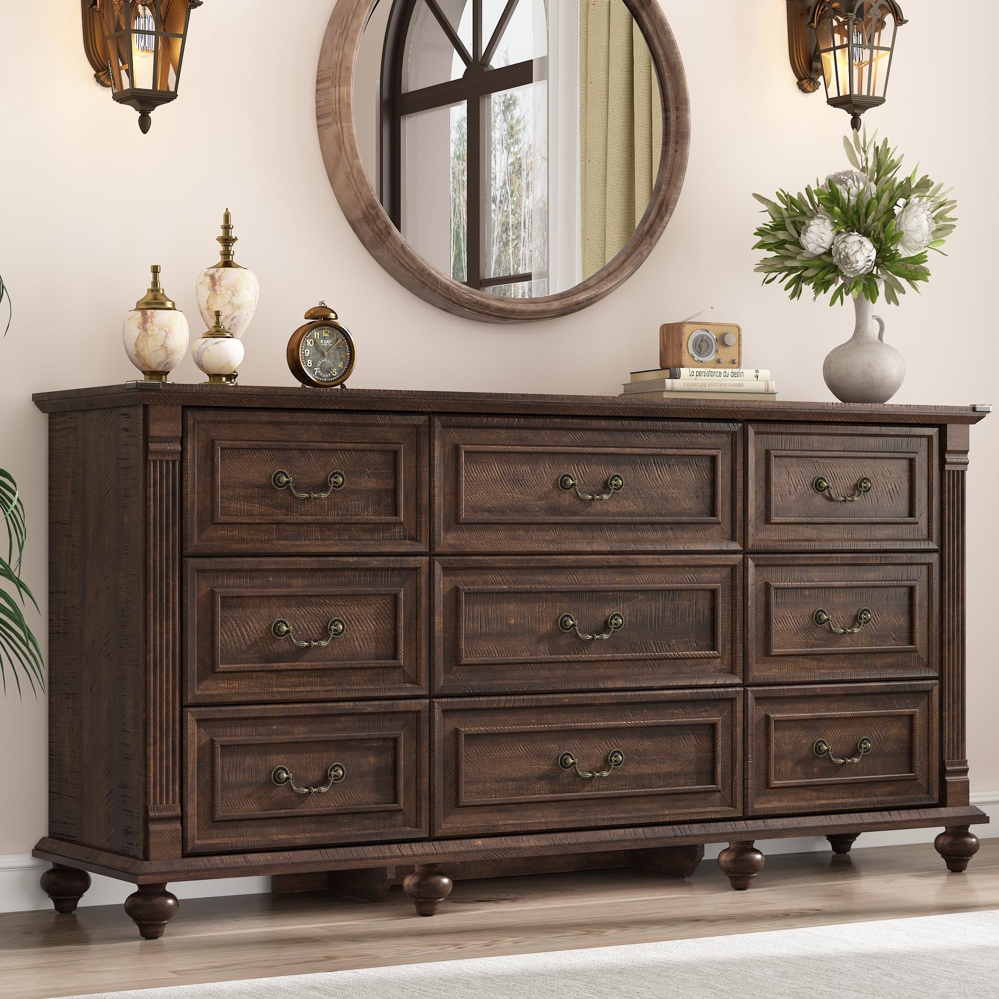 Rustic White 9-Drawer Farmhouse Wood Dresser