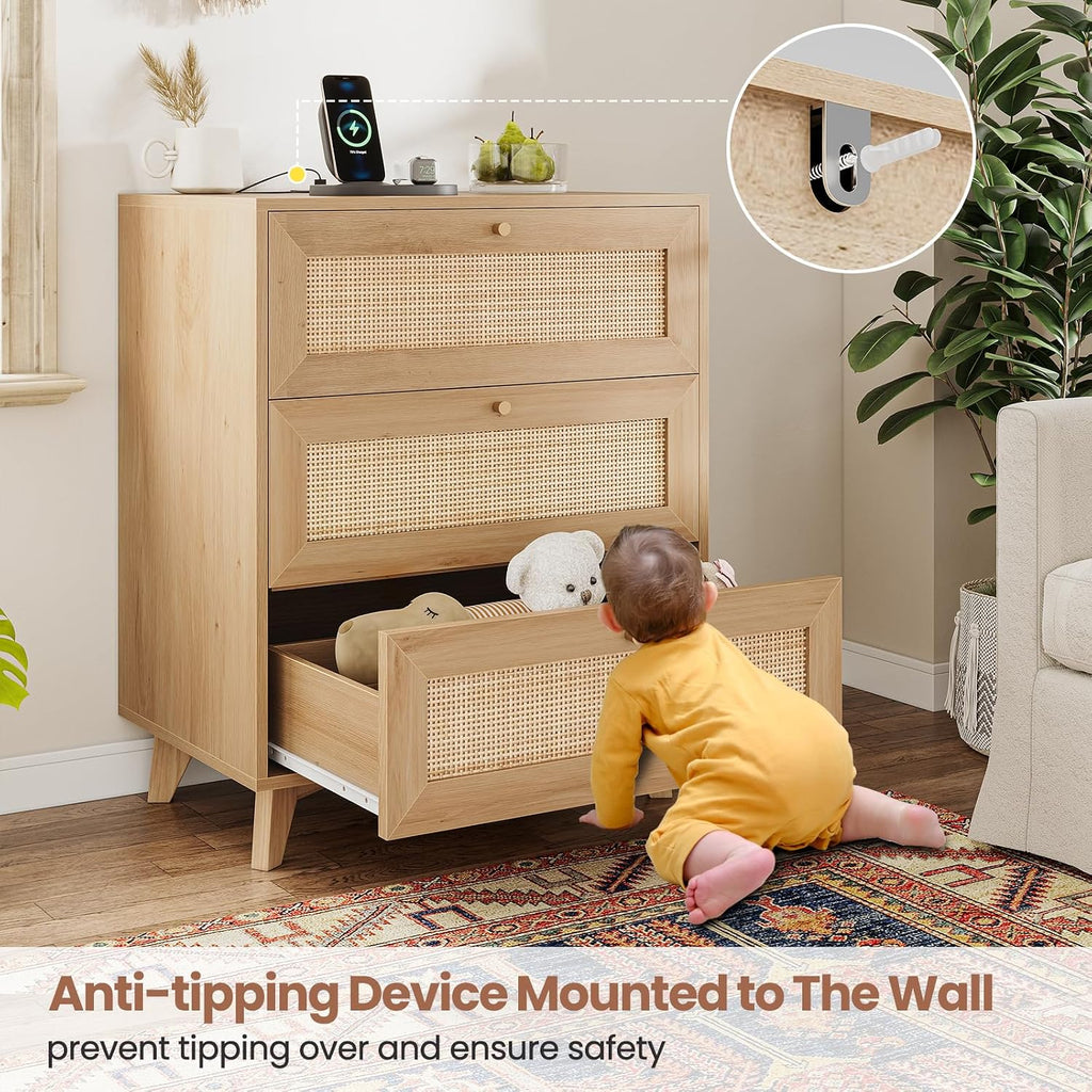 Boho Rattan 3-Drawer Charging Nightstand