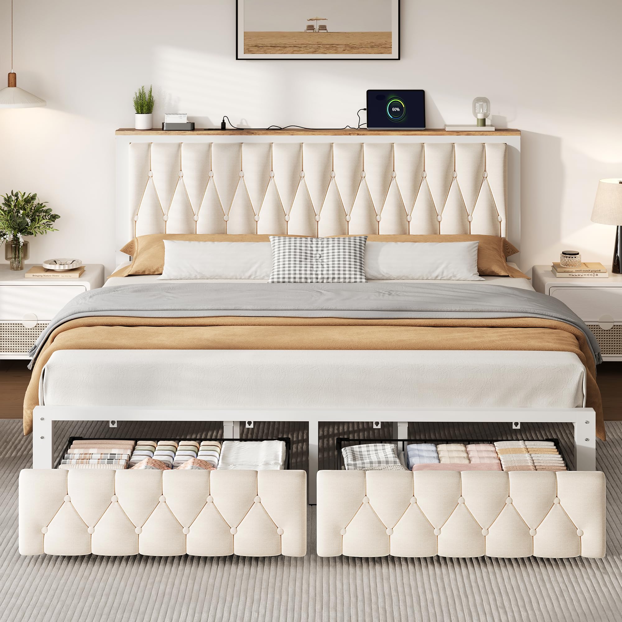 Grey King Storage Drawer Charging Bed Frame