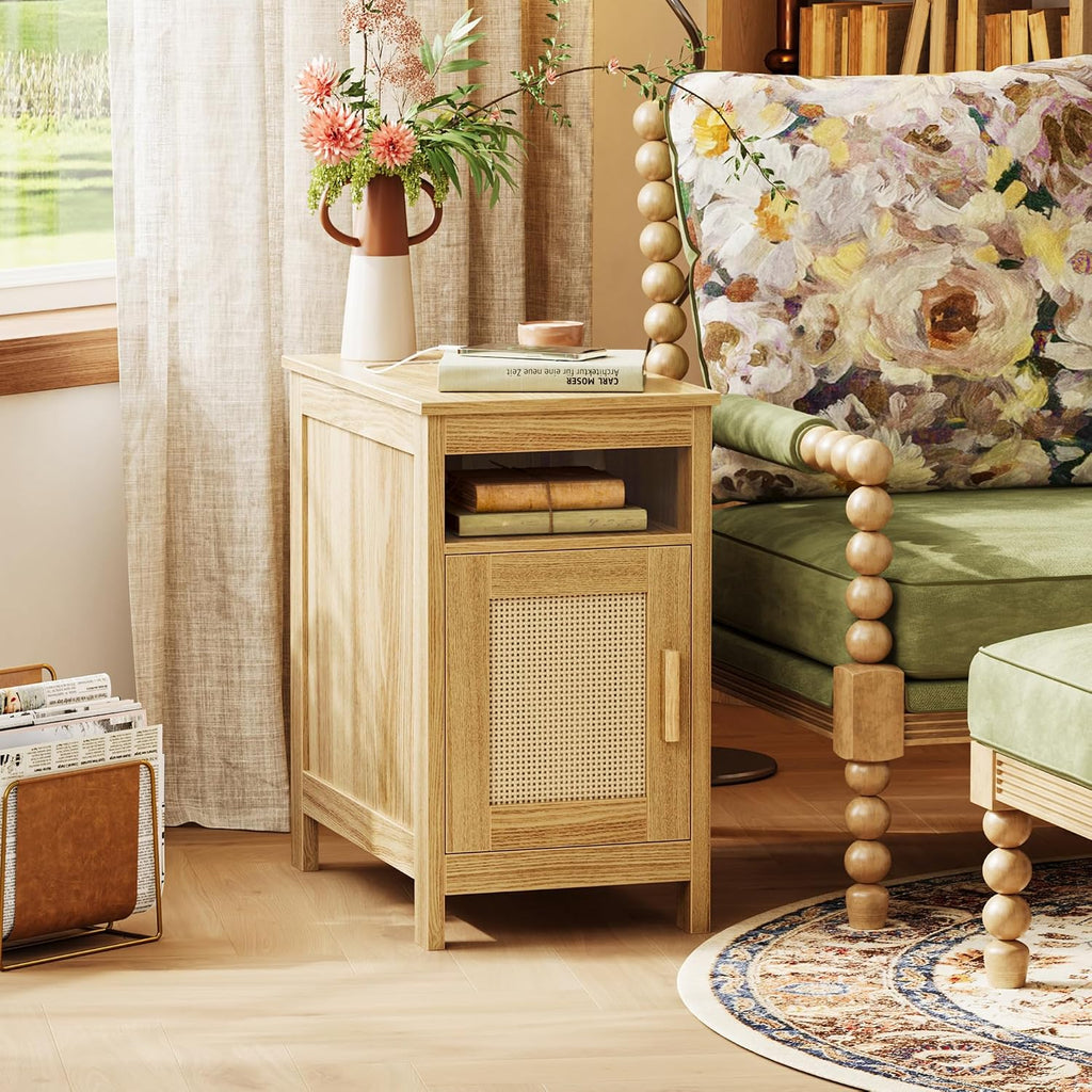 Natural Wood Rattan Charging Narrow Nightstand