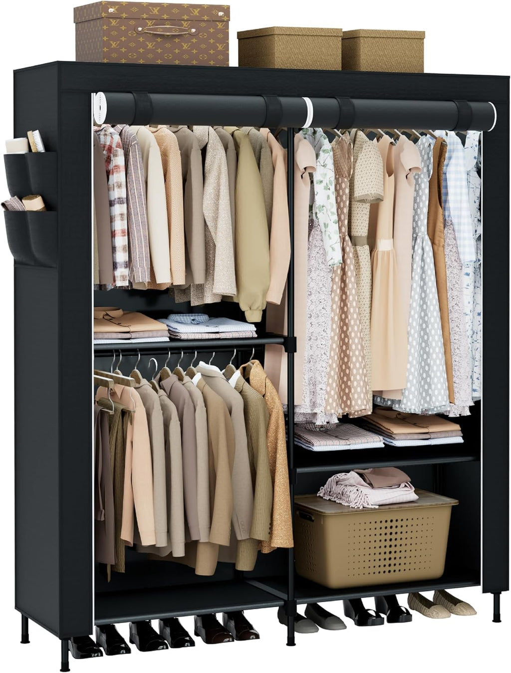 Black Covered 3-Rod Portable Wardrobe Closet