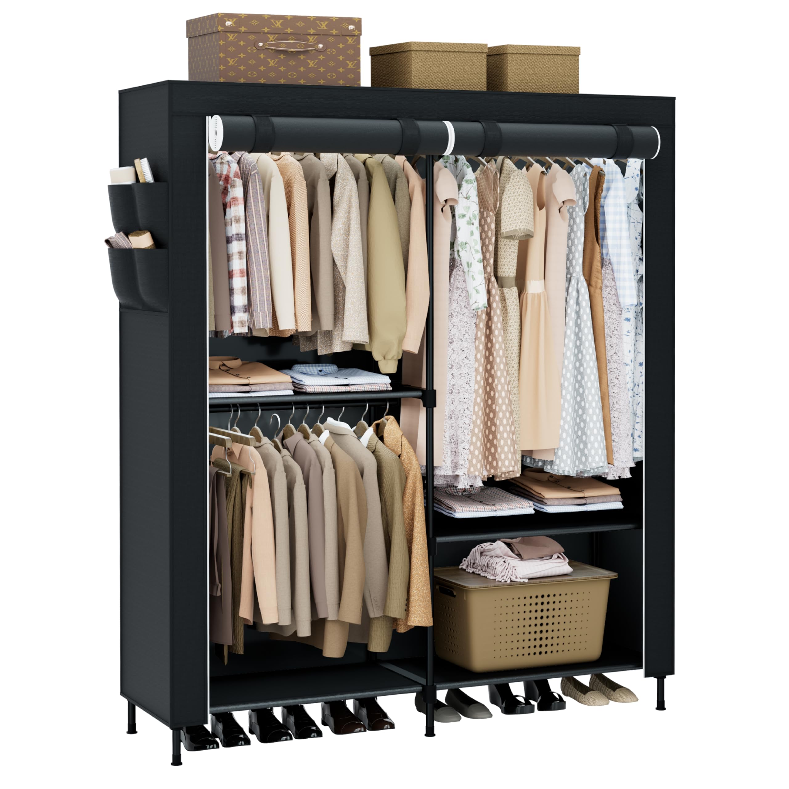 Black Covered 3-Rod Portable Wardrobe Closet