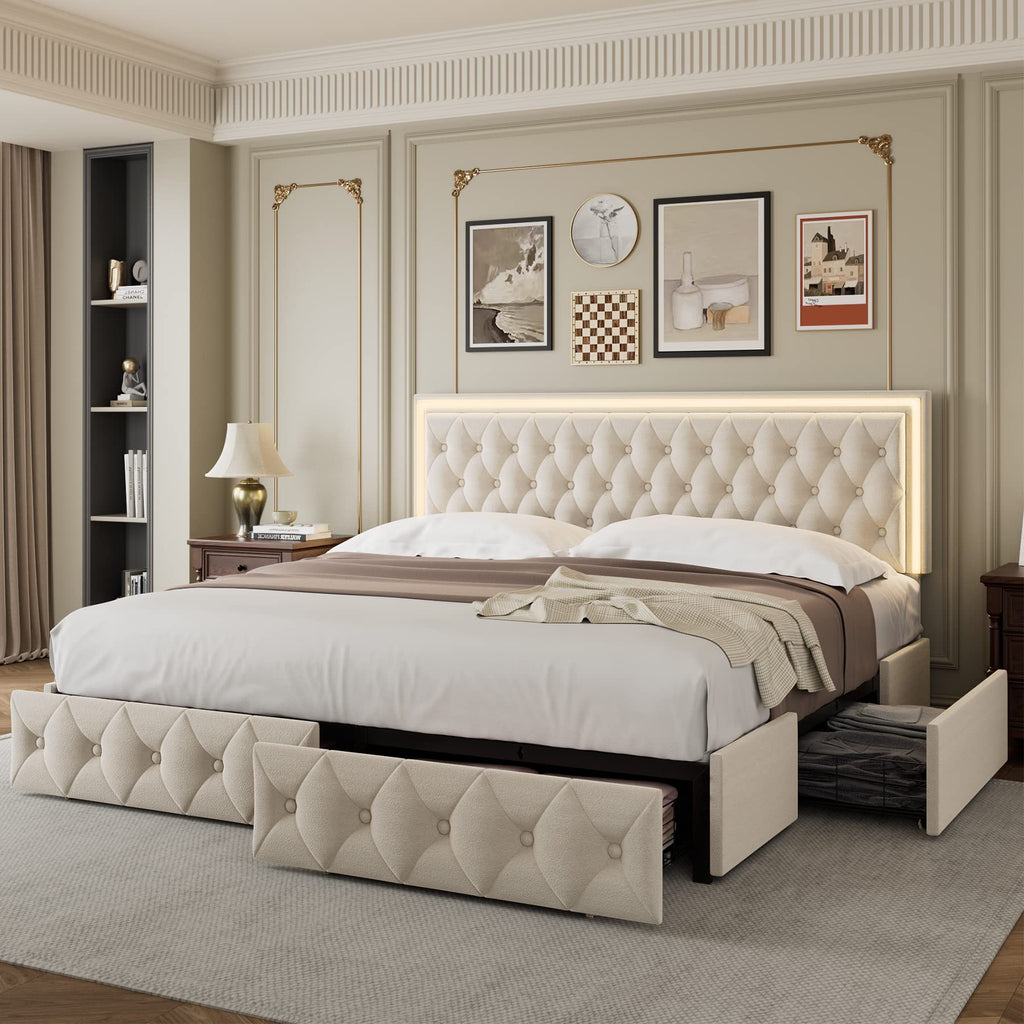 White LED Tufted Storage Drawer Bed Frame