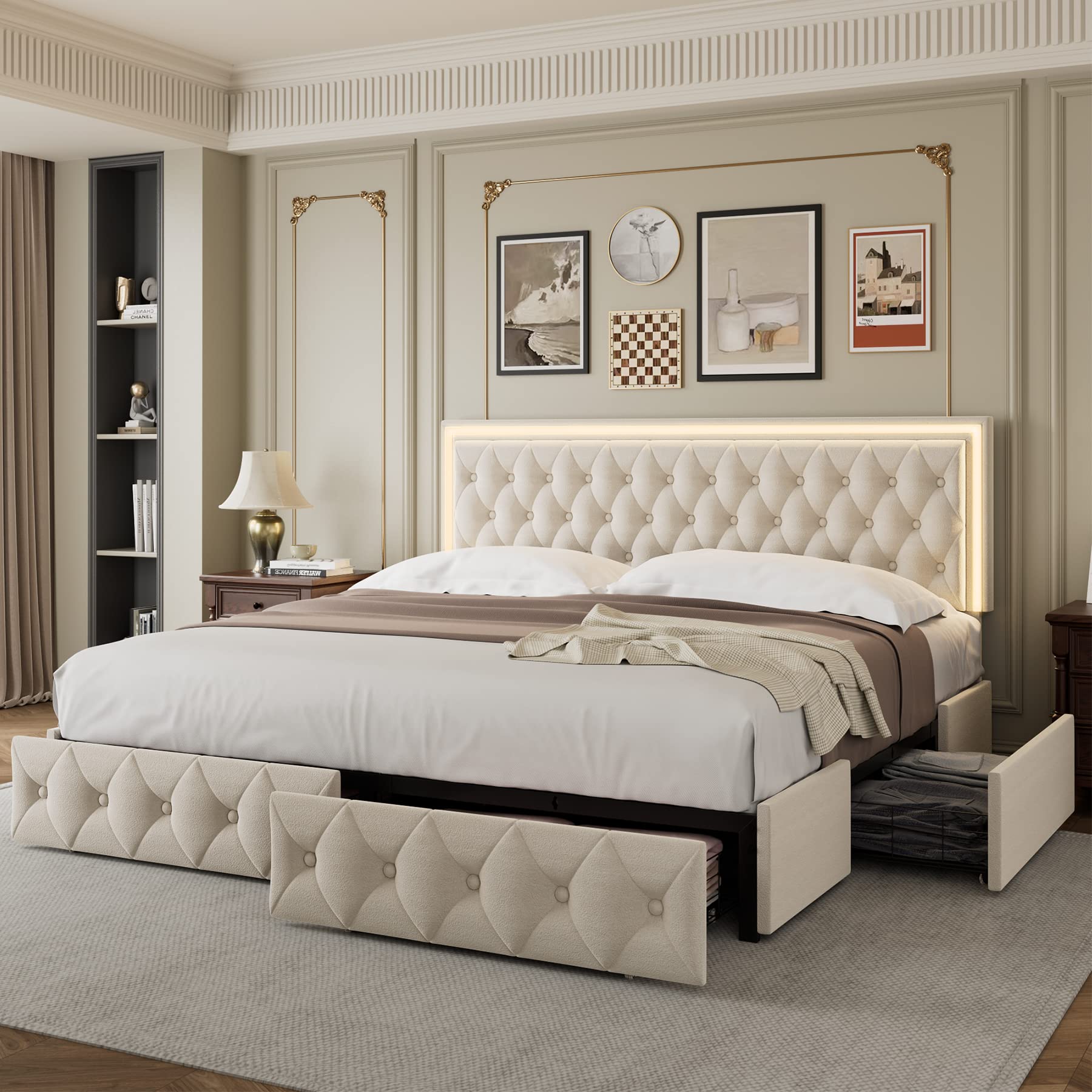 White LED Tufted Storage Drawer Bed Frame