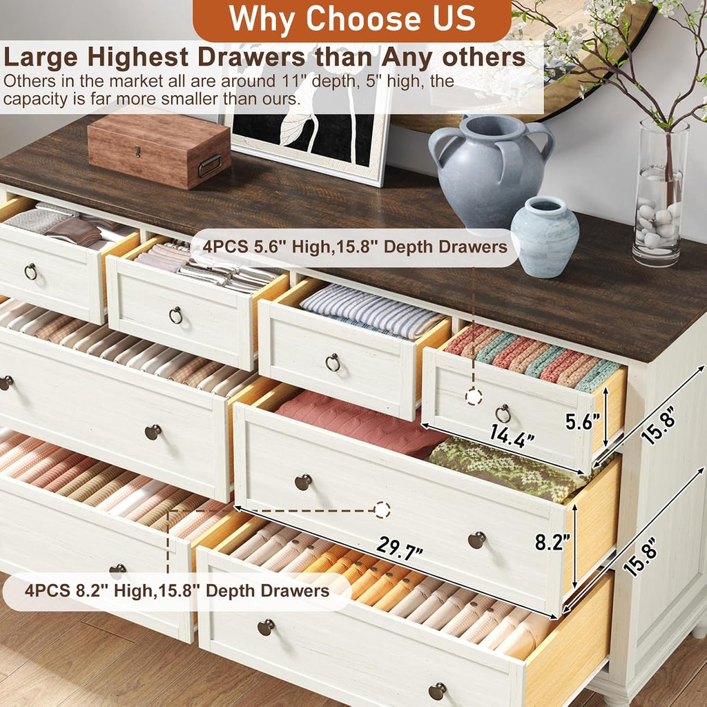 Antique White 8-Drawer Rustic Wood Dresser