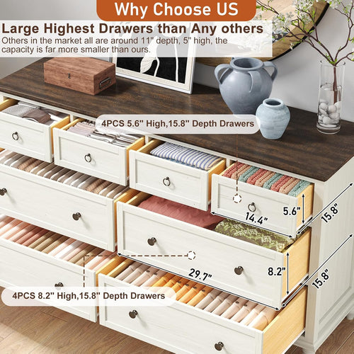 Antique White 8-Drawer Rustic Wood Dresser