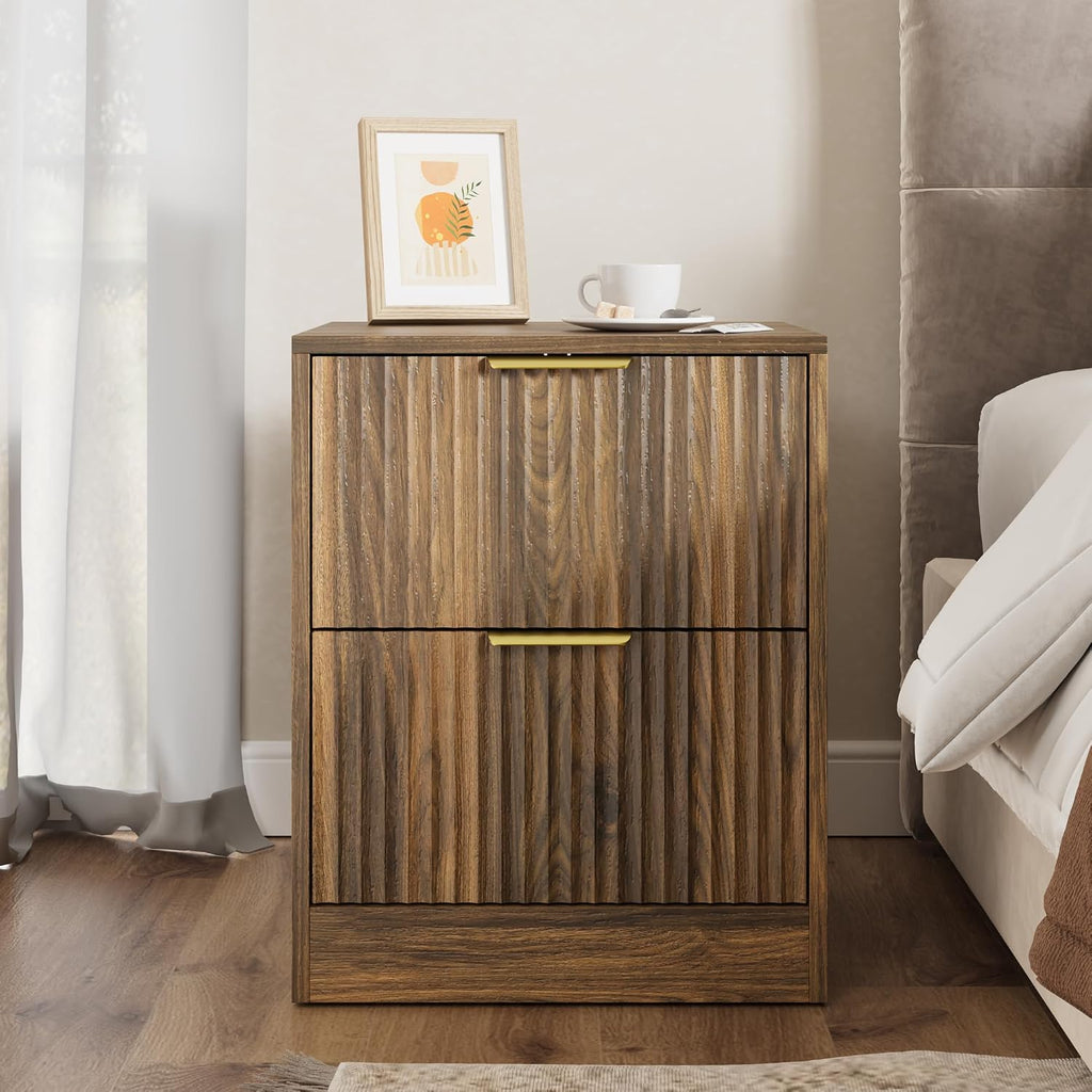Walnut Fluted 2-Drawer Nightstand Set of 2