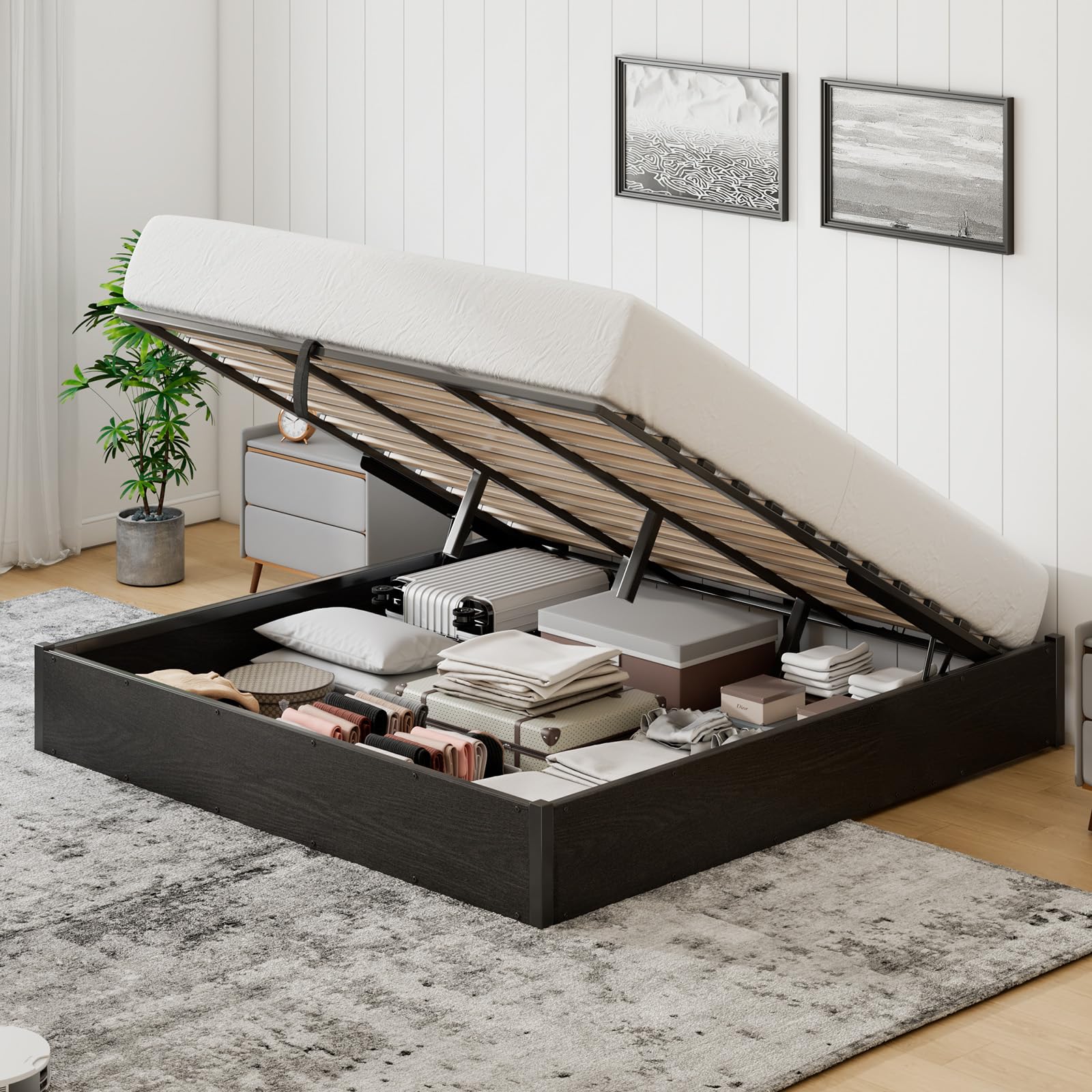 Black Queen Metal Lift Storage Bed Frame