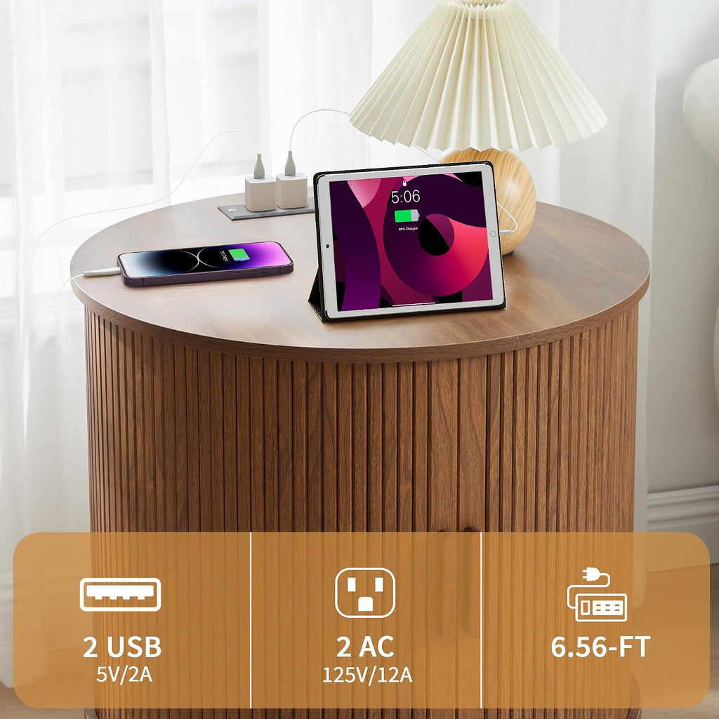 Walnut Round Fluted Charging Storage End Table