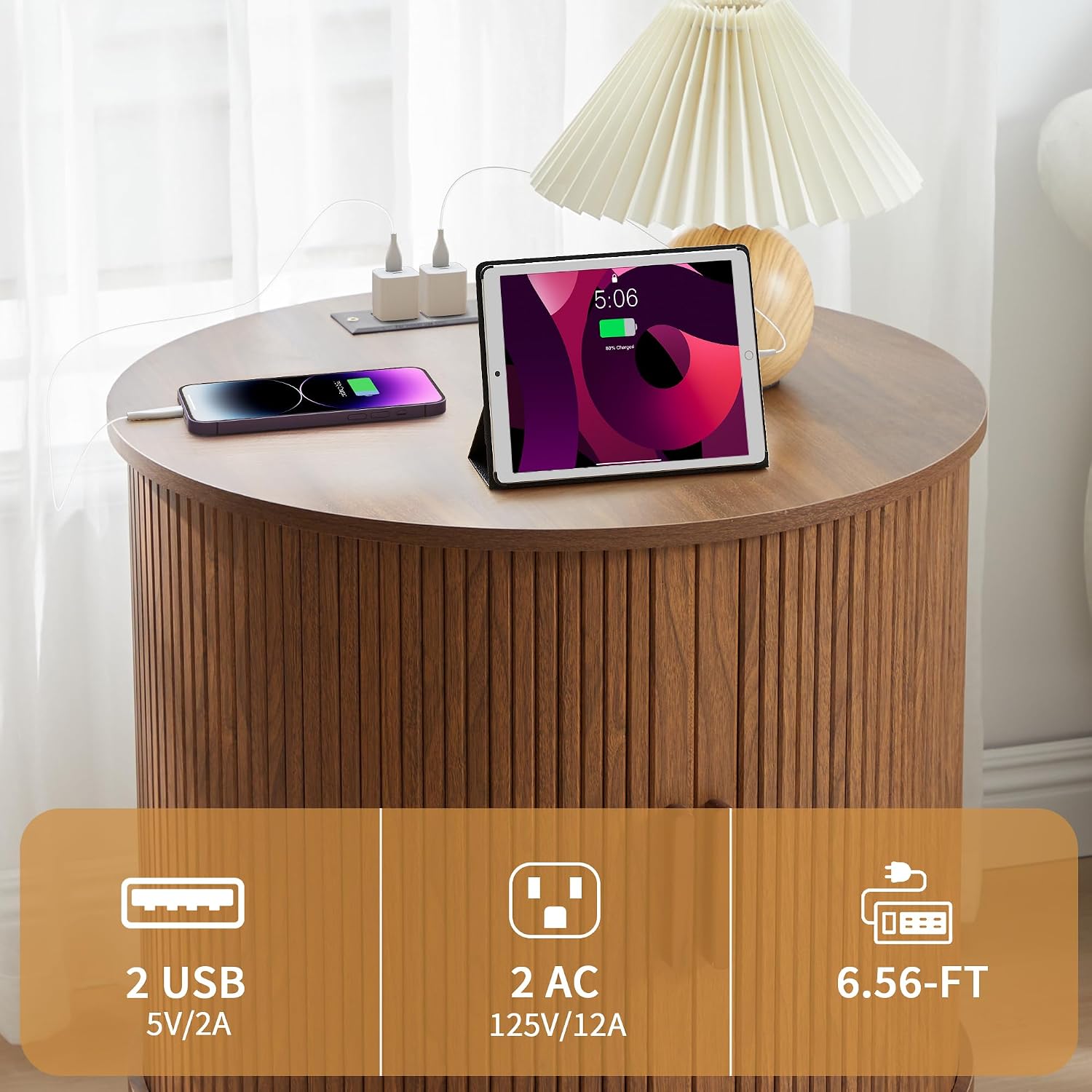Walnut Round Fluted Charging Storage End Table