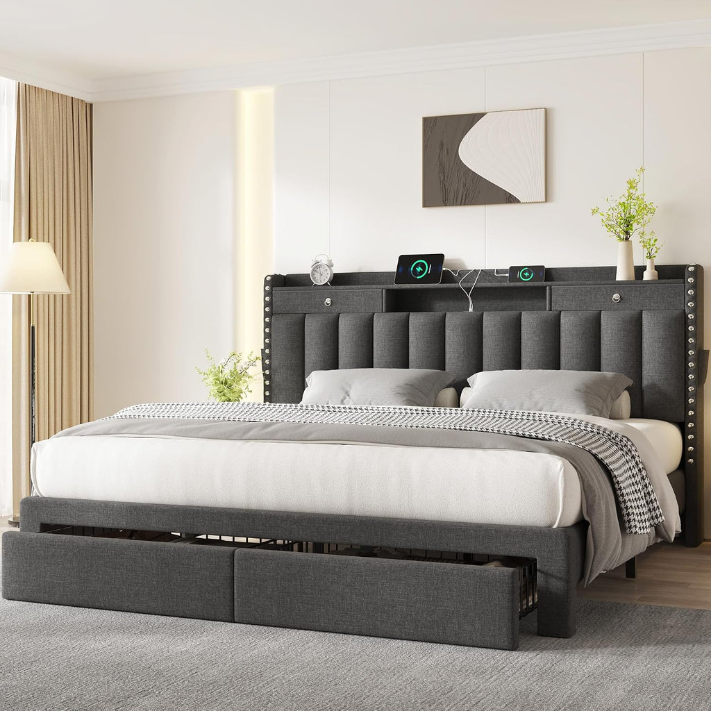 Dark Grey USB Charging Storage Queen Bed Frame