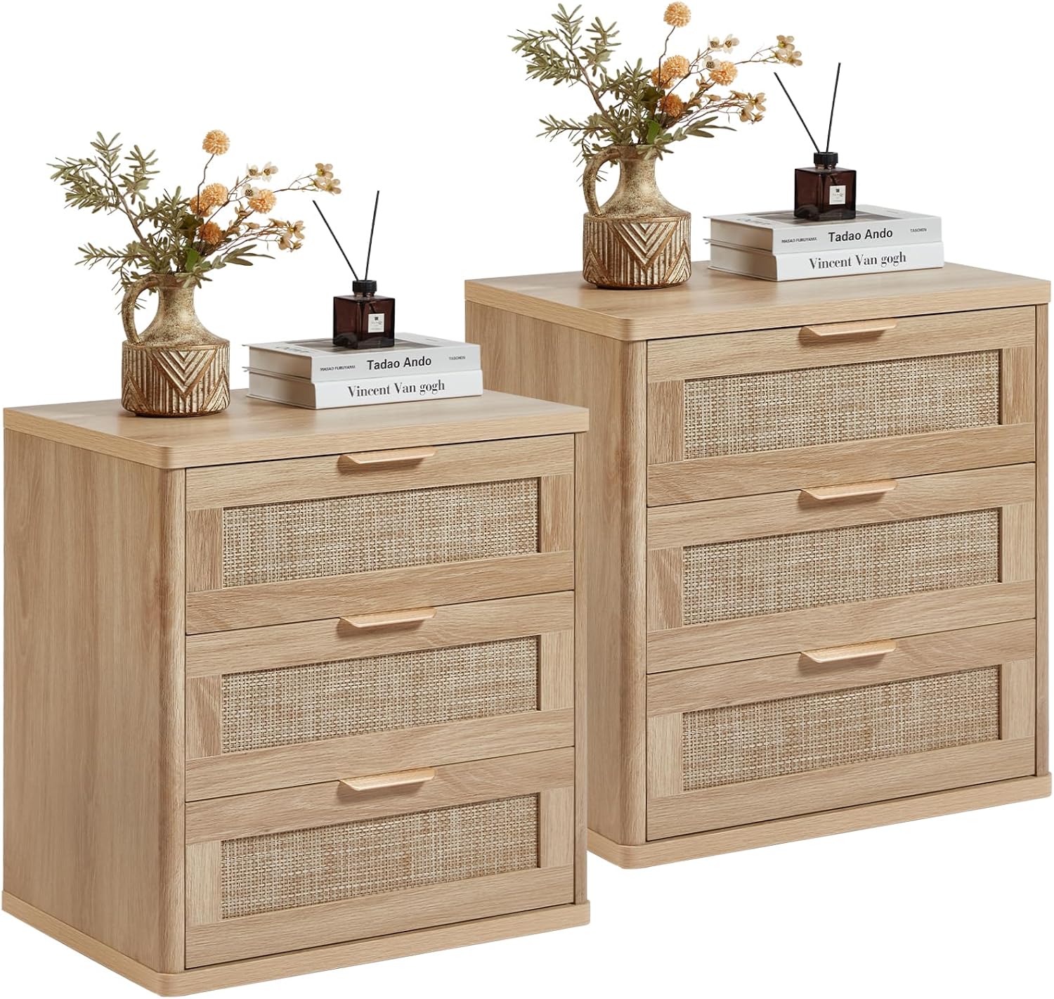 Boho Rattan 3-Drawer Nightstands Set of 2