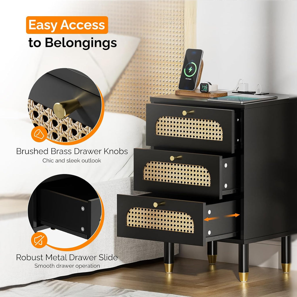 Black Rattan 3-Drawer Nightstand Set of 2