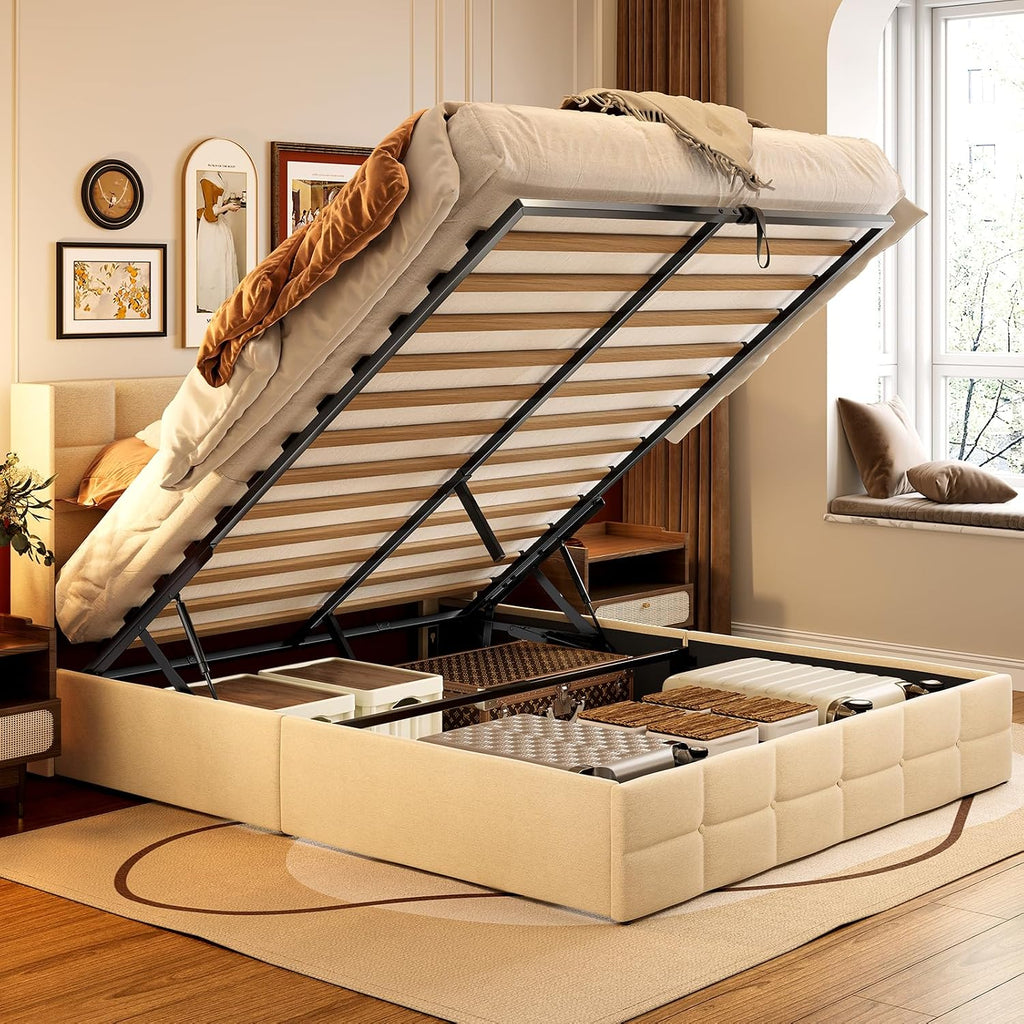 Beige Wingback Hydraulic Full Storage Bed