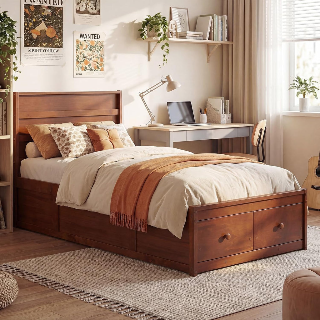 Walnut Twin Wood Drawer Storage Bed Frame
