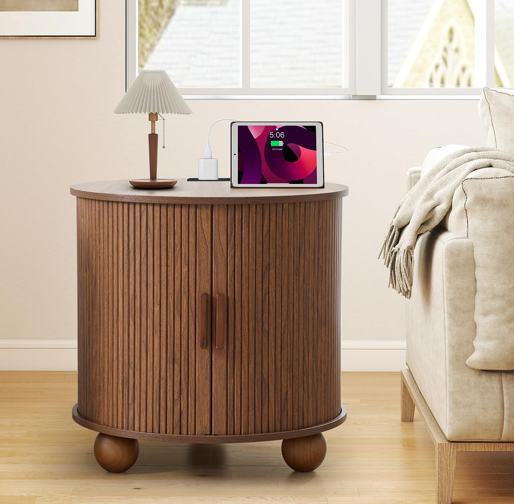 Walnut Round Fluted Charging Storage End Table