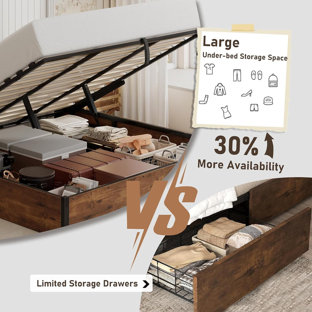Rustic Brown Queen Lift Storage Bed Frame
