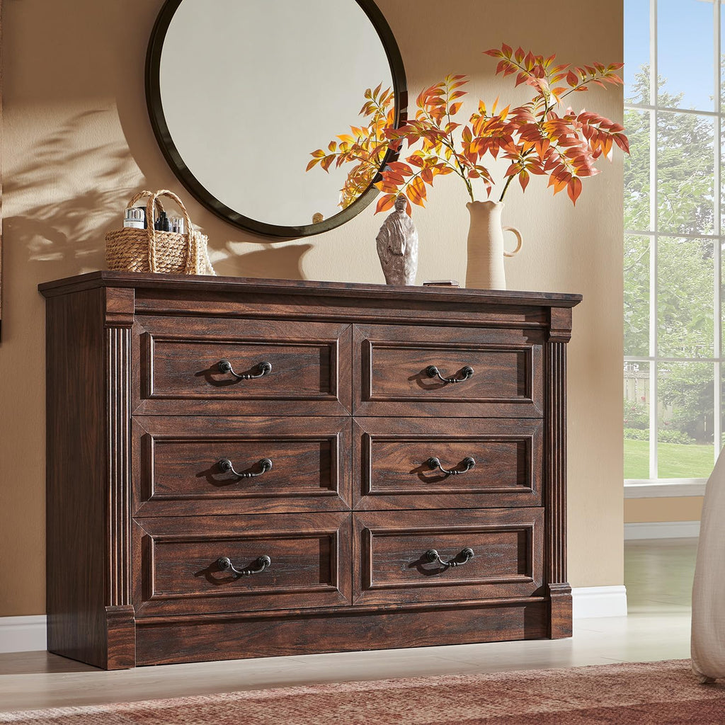 Brown Column Farmhouse 6-Drawer Wood Dresser