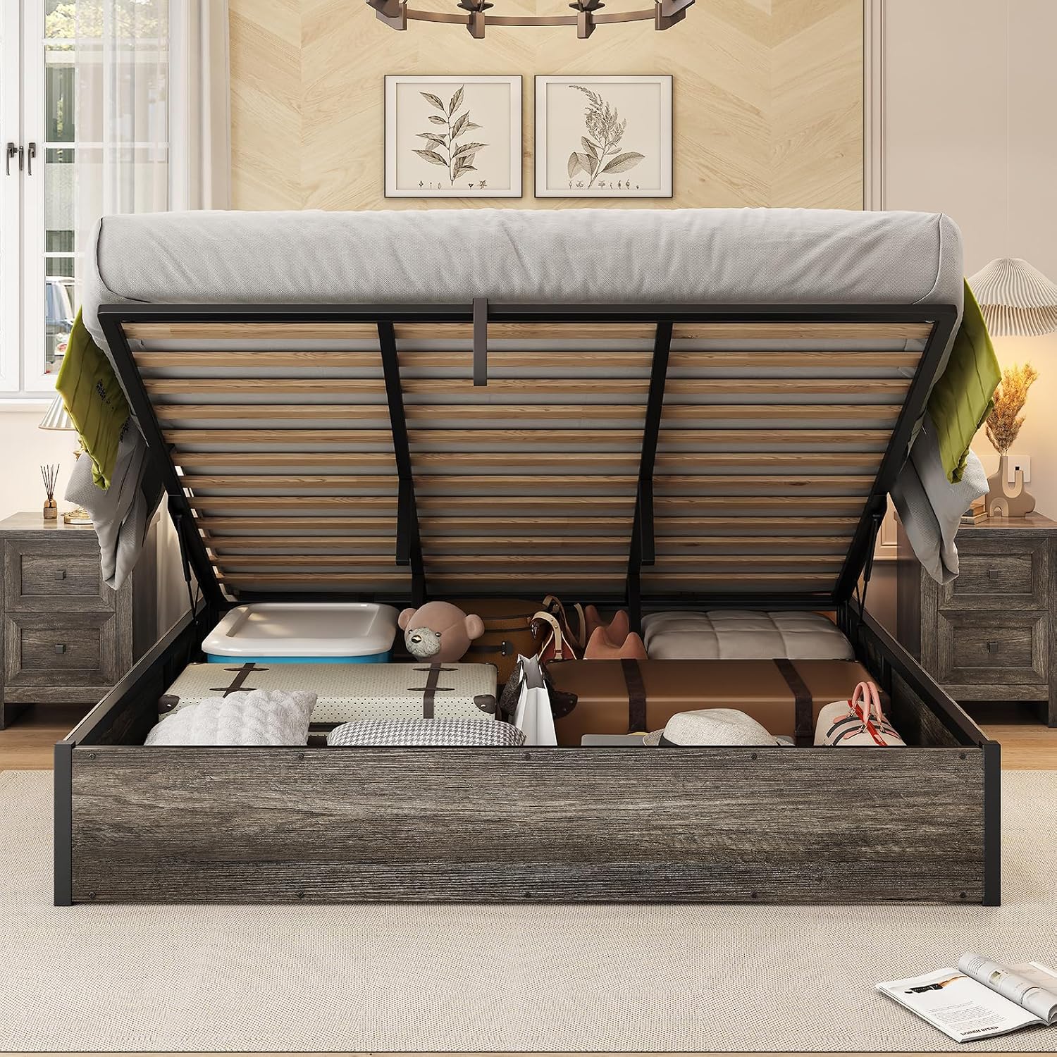 Rustic Grey King Lift Storage Bed Frame