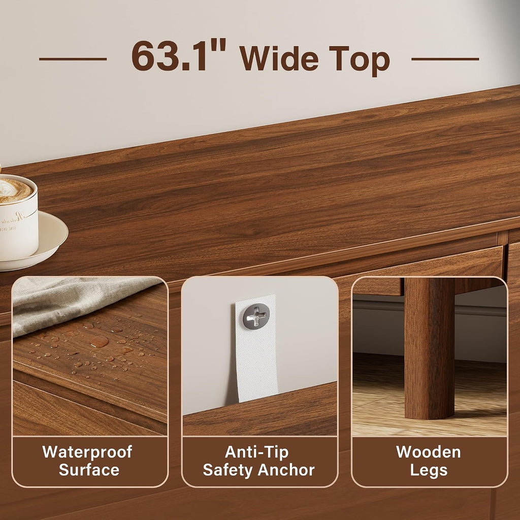 Walnut Wood Leg 9-Drawer Mid-Century Dresser