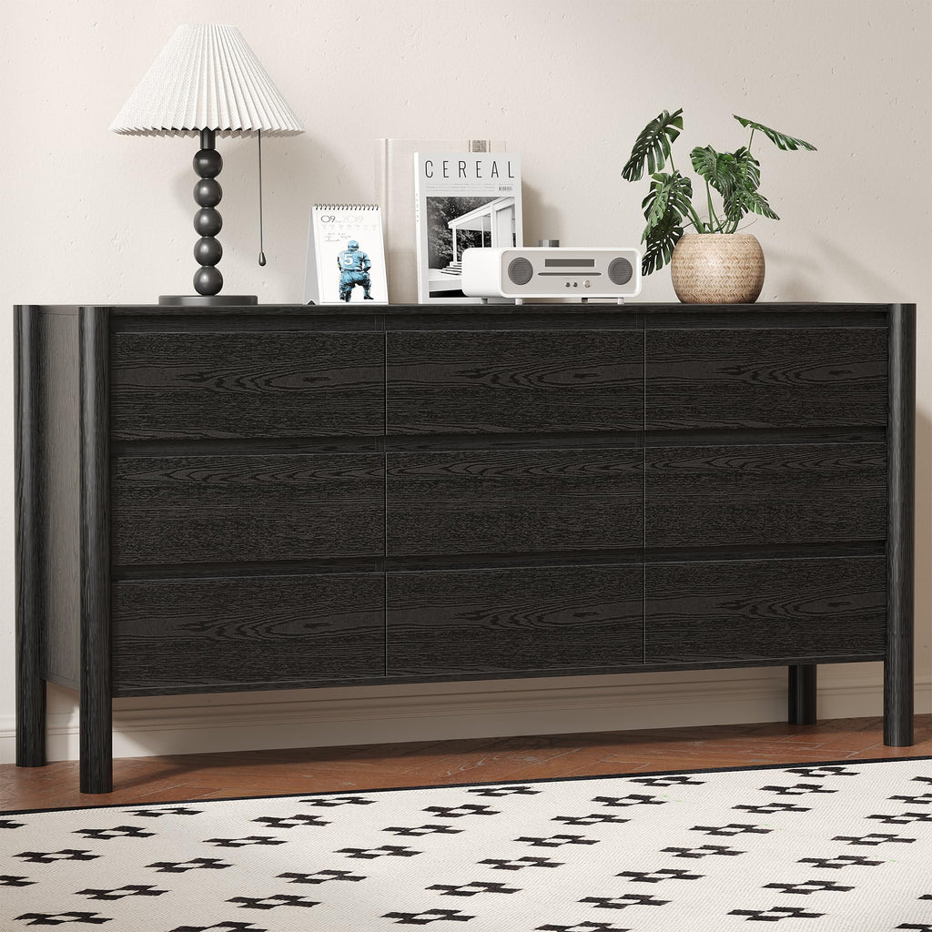 Walnut Wide 9-Drawer Concealed Handle Dresser