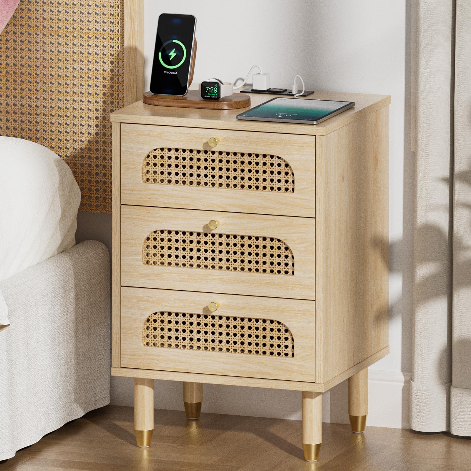 Black Rattan 3-Drawer Nightstand Set of 2