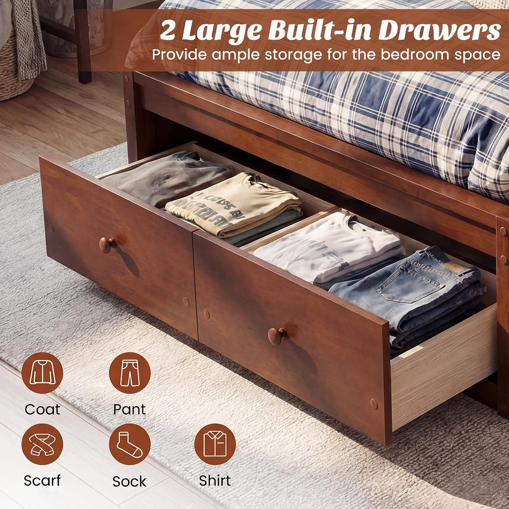 Walnut Twin Wood Drawer Storage Bed Frame